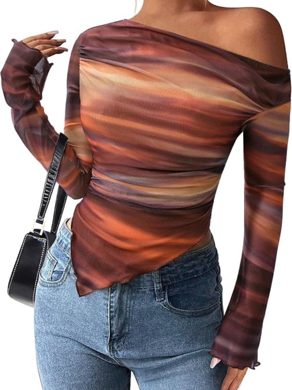 Womens Off Shoulder Mesh Y2k Tops